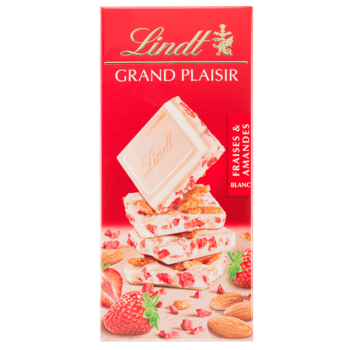 Плитка белого шоколада Lindt GRAND PLAISIR fraises amandes blanc,клубника и миндаль