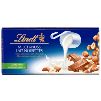 Плитка молочного шоколада Lindt Milch lait noisettes,с цельным фундуком.